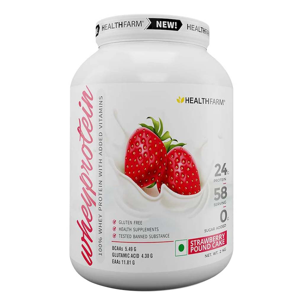 Healthfarm 100% Whey Protein Plus Powder, Strawberry Pound Cake Flavour 2kg - 55 Servings