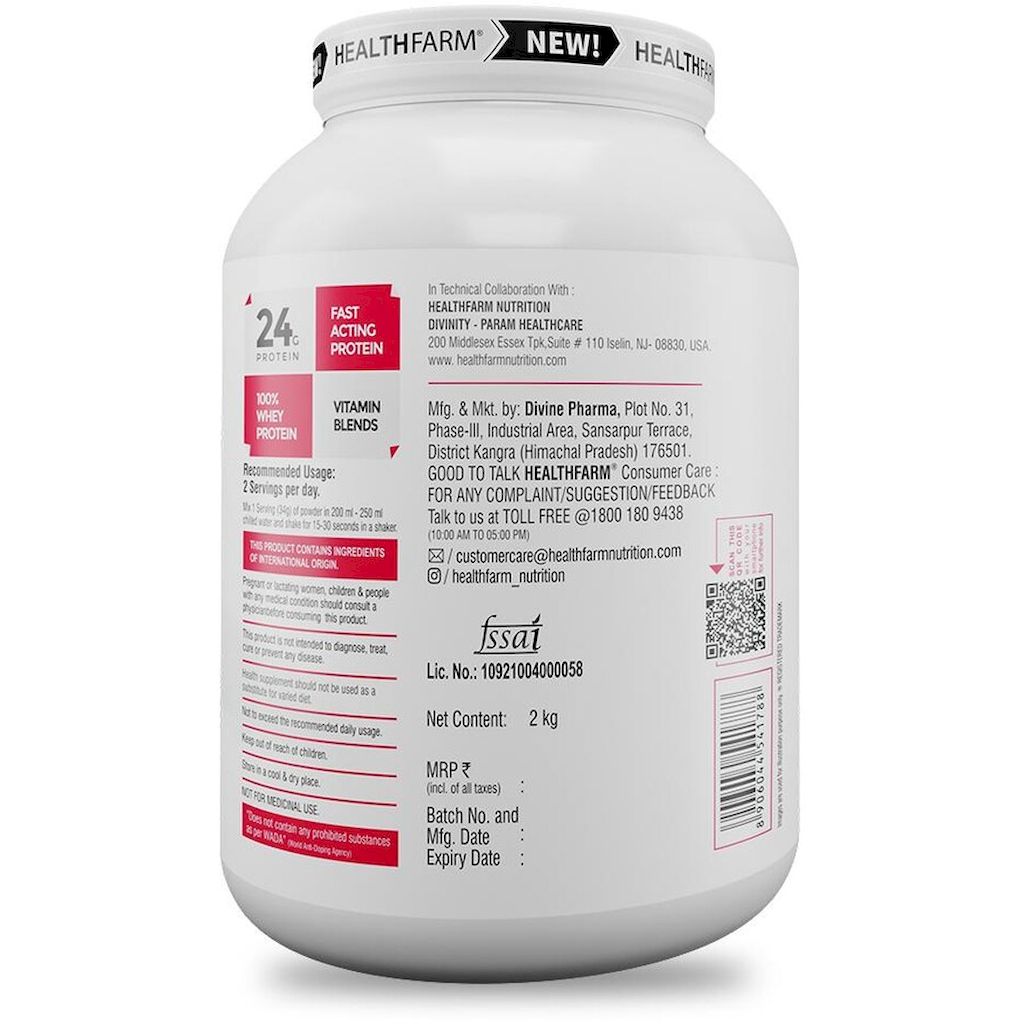 Healthfarm 100% Whey Protein Plus Powder, Strawberry Pound Cake Flavour 2kg - 55 Servings