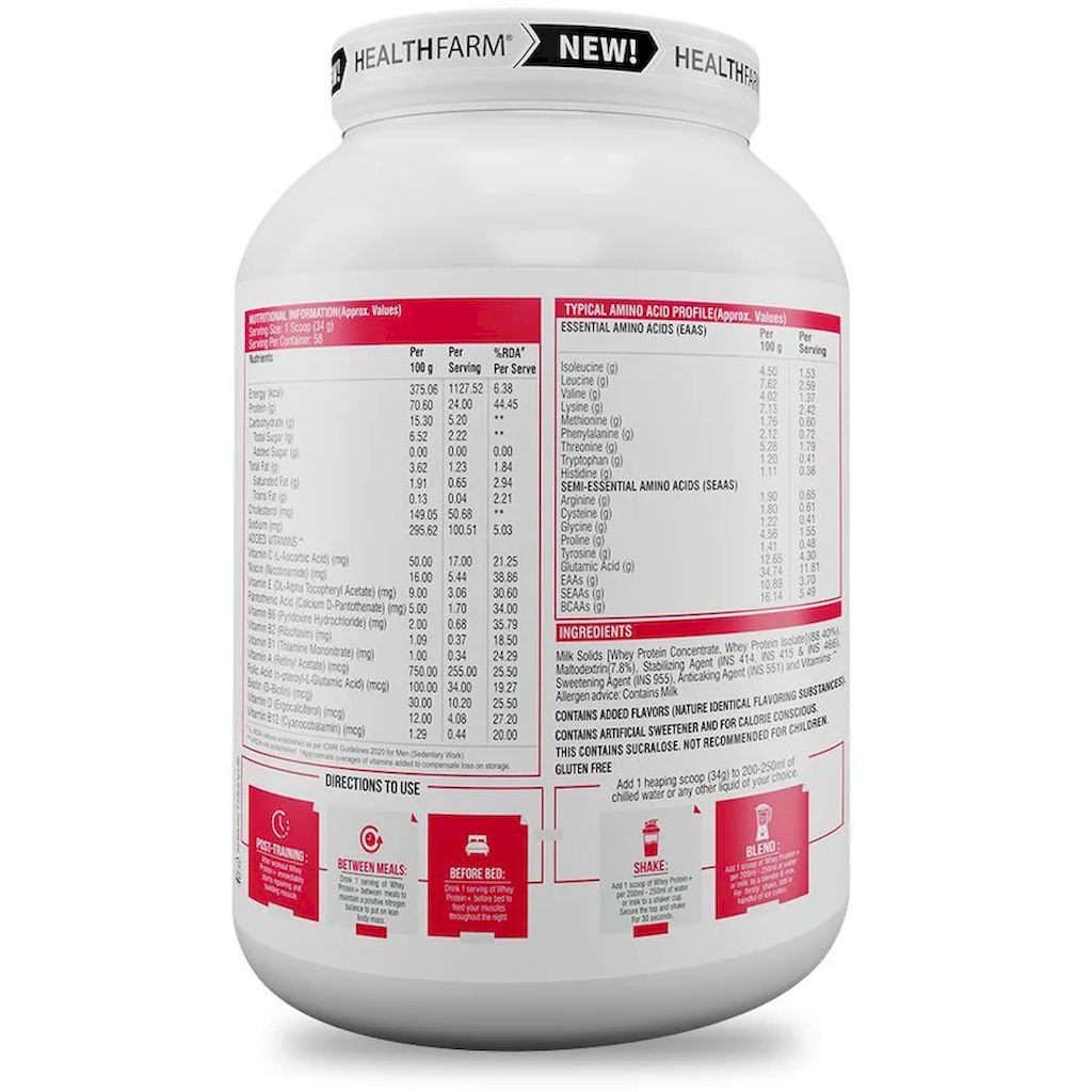 Healthfarm 100% Whey Protein Plus Powder, Strawberry Pound Cake Flavour 2kg - 55 Servings