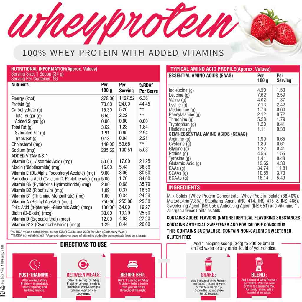Healthfarm 100% Whey Protein Plus Powder, Strawberry Pound Cake Flavour 2kg - 55 Servings