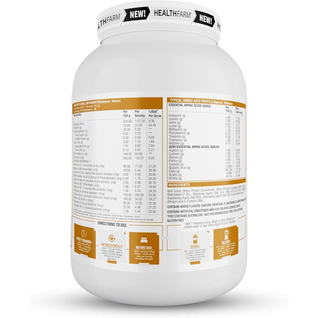 Healthfarm 100% Whey Protein Plus Powder, Vanilla Oatmeal Flavour 2kg - 55 Servings