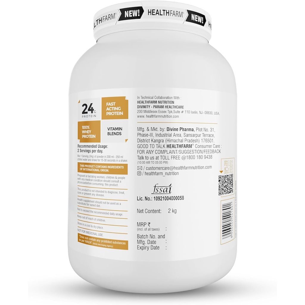 Healthfarm 100% Whey Protein Plus Powder, Vanilla Oatmeal Flavour 2kg - 55 Servings