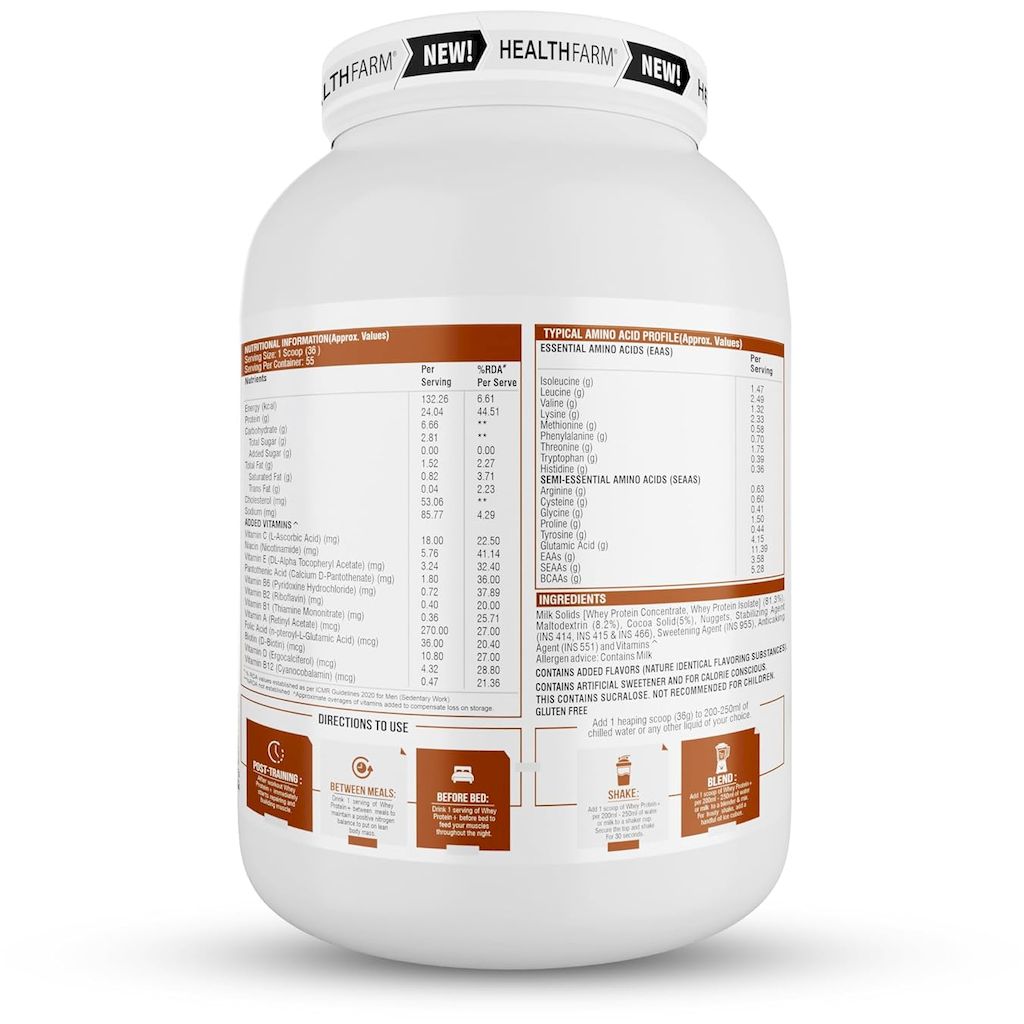 Healthfarm 100% Whey Protein Plus Powder, Choco Crunch Flavour 2kg - 55 Servings
