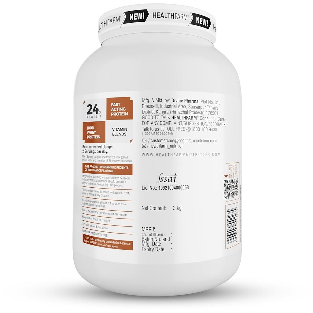 Healthfarm 100% Whey Protein Plus Powder, Choco Crunch Flavour 2kg - 55 Servings