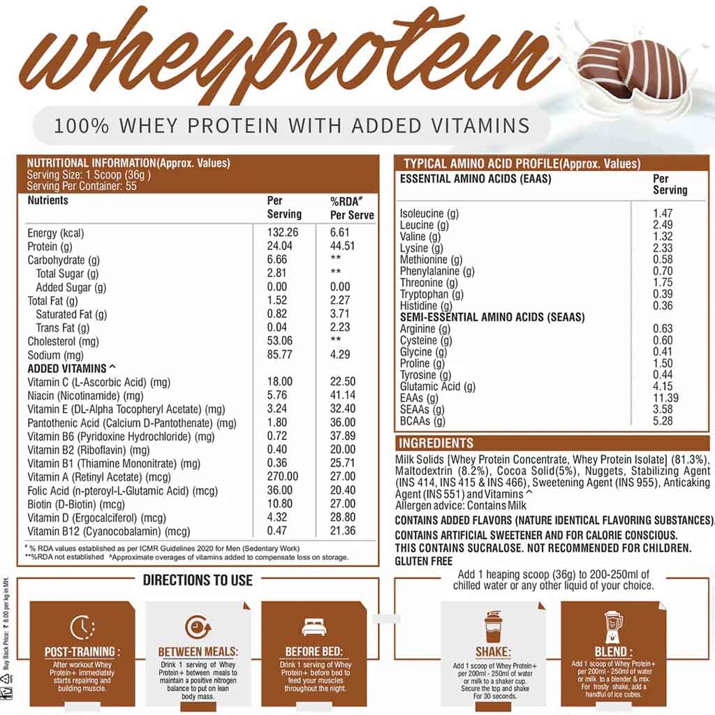 Healthfarm 100% Whey Protein Plus Powder, Choco Crunch Flavour 2kg - 55 Servings