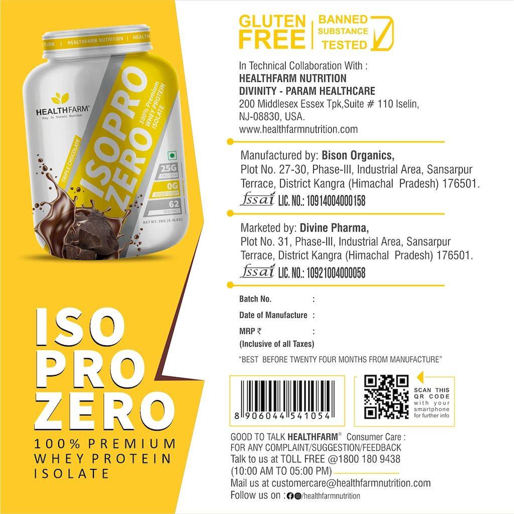 Healthfarm ISO Pro Zero Whey Protein Isolate Powder, Triple Chocolate 2kg - 62 Servings