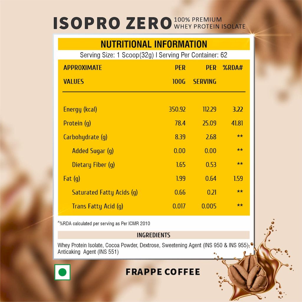 Healthfarm ISO Pro Zero Whey Protein Isolate Powder, Frappe Coffee 2kg - 62 Servings