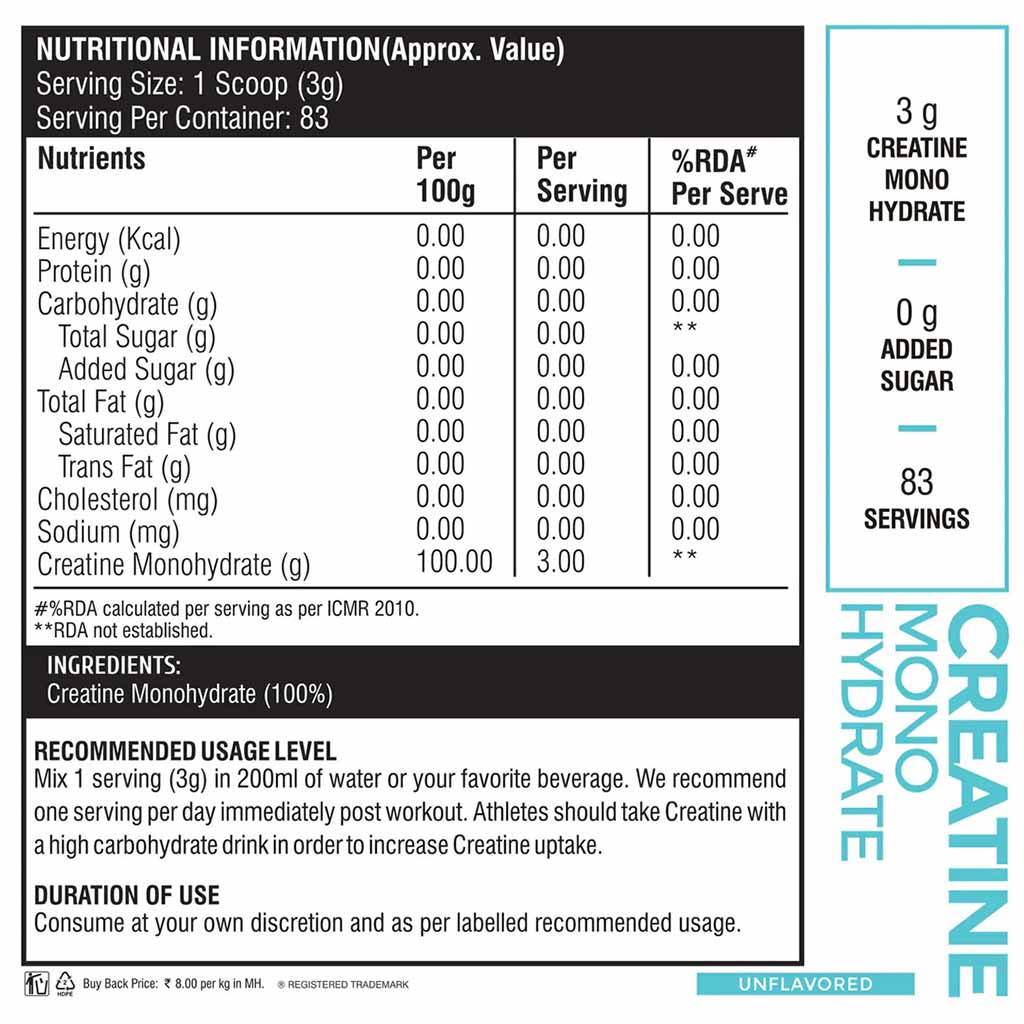 Healthfarm Creatine Monohydrate Unflavored Powder 250g - 83 Servings