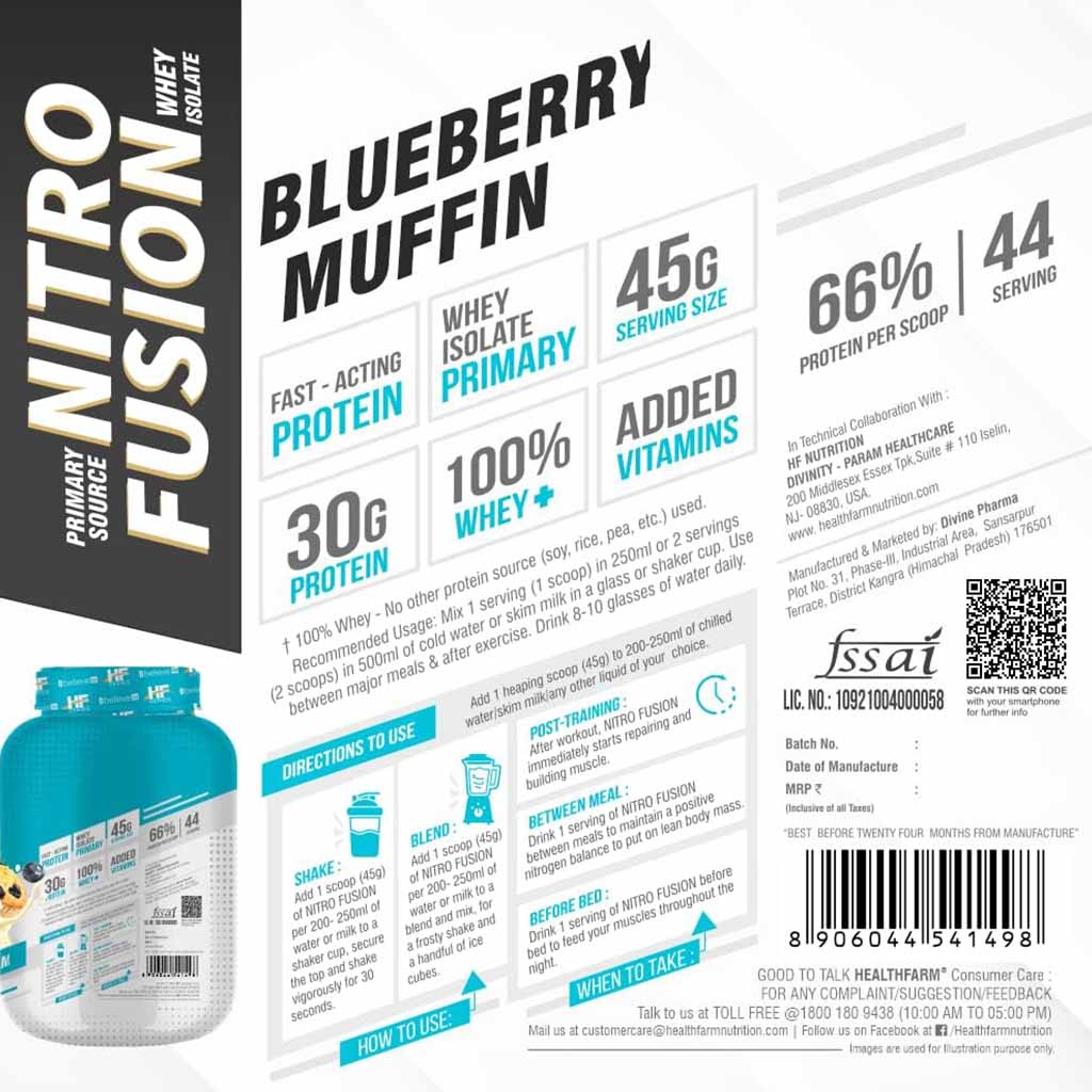 Healthfarm Nitro Fusion Whey Isolate Protein Powder - Blueberry Muffin 2kg - 62 Servings