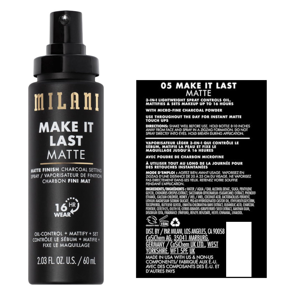 Milani Cosmetics Make It Last Matte Finish Make Up Setting Spray 60ml - Charcoal 