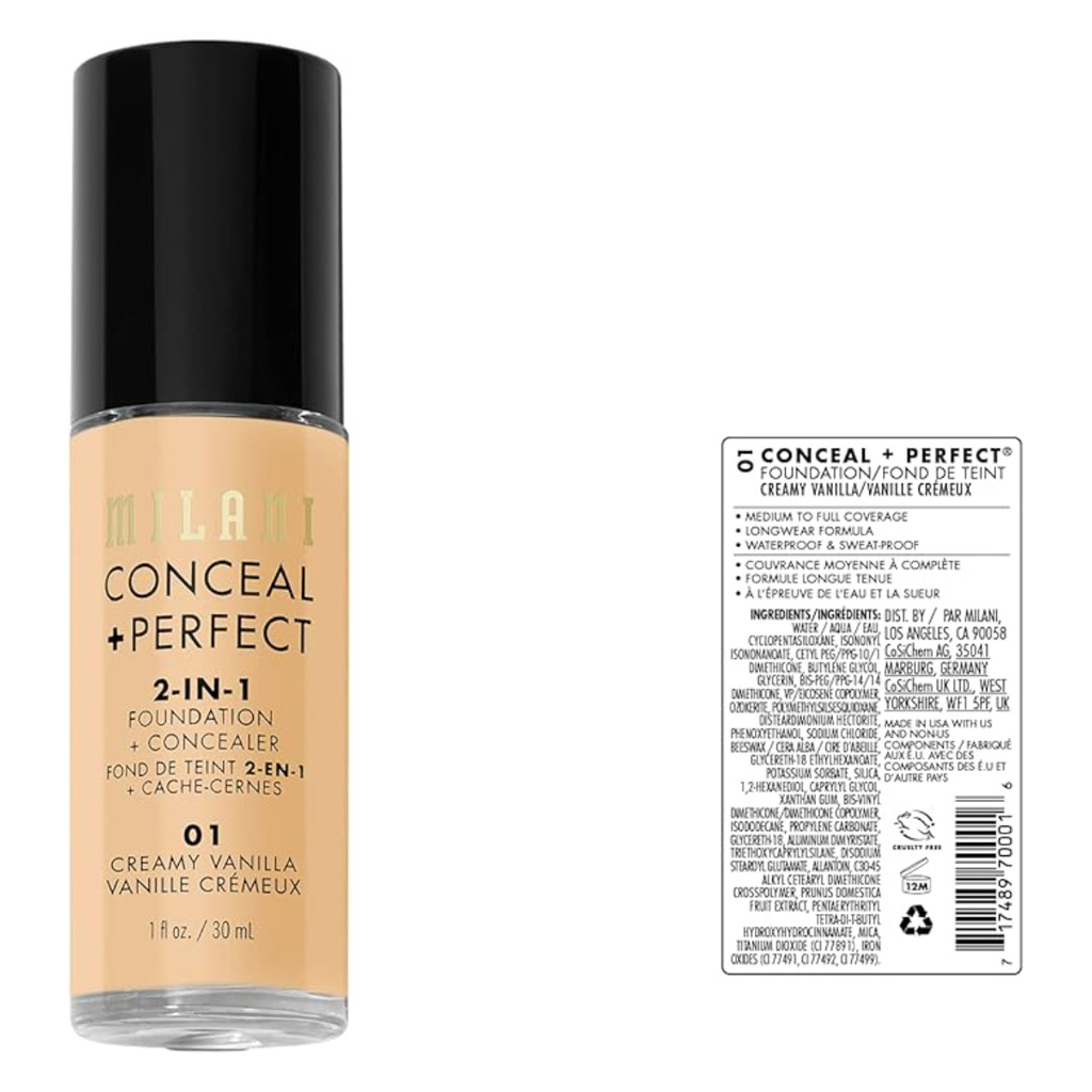 Milani Cosmetics Conceal + Perfect 2-In-1 Foundation & Concealer 30ml - 01 Creamy Vanilla 