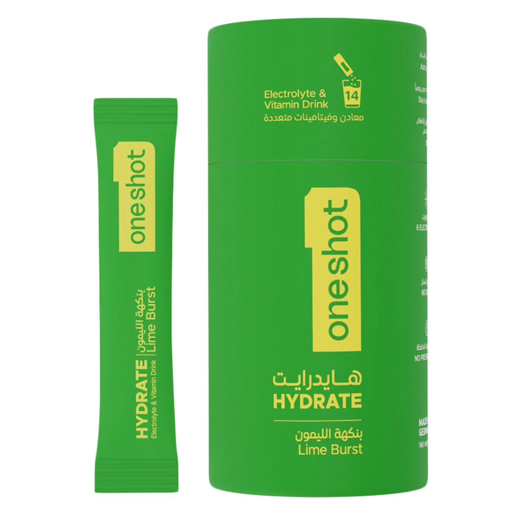 Oneshot Hydrate Lime Burst Electrolyte & Vitamin Drink Sticks, Pack of 14's
