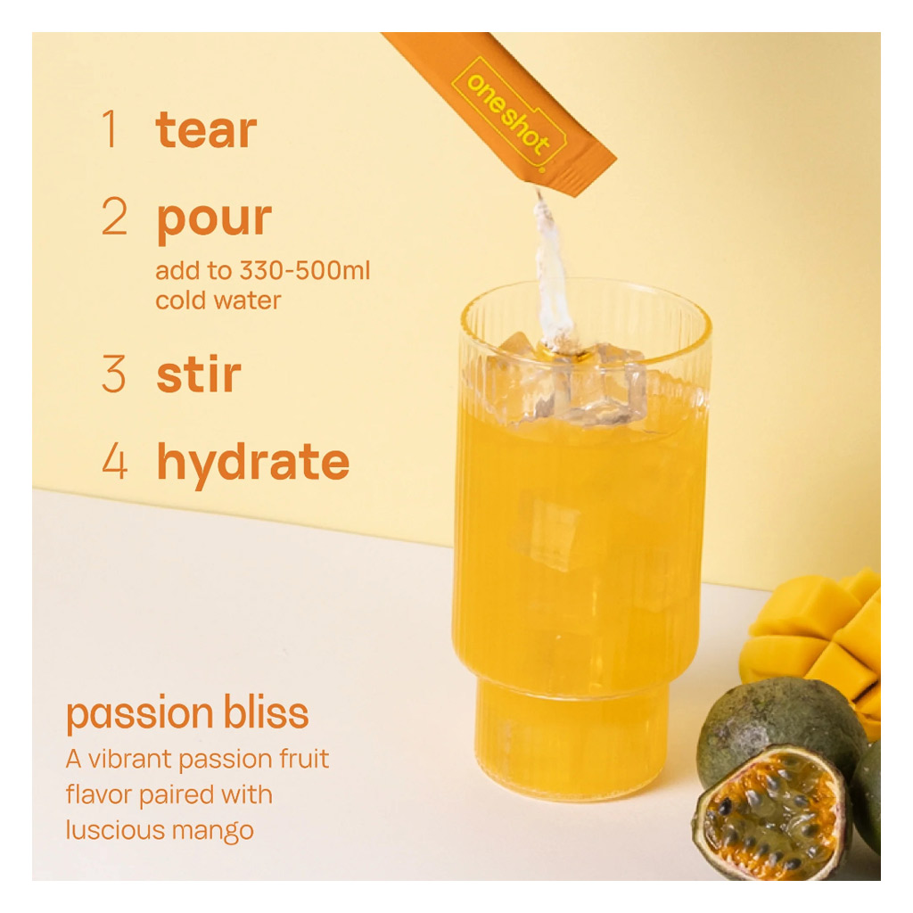 Oneshot Hydrate Passion Bliss Electrolyte & Vitamin Drink Sticks, Pack of 14's