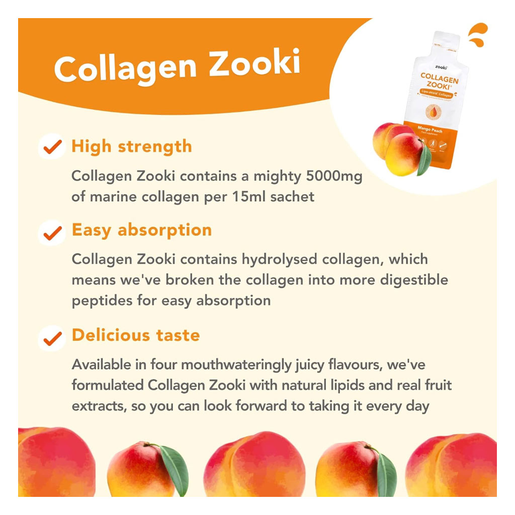 Zooki Marine Collagen 5000mg Mango Peach Flavor Liquid Sachets 15ml, Pack of 14's