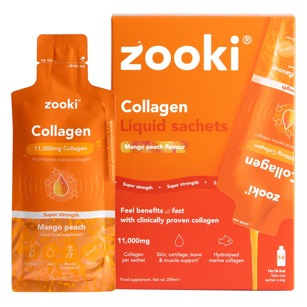 Zooki Super Strength Marine Collagen 11000mg Mango Peach Flavor Liquid Sachets 18.5ml, Pack of 14's