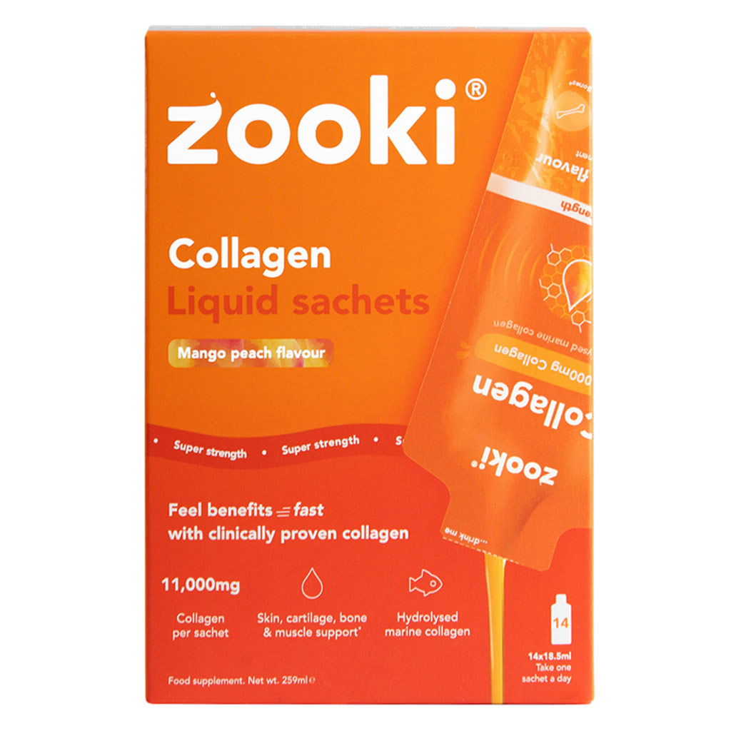 Zooki Super Strength Marine Collagen 11000mg Mango Peach Flavor Liquid Sachets 18.5ml, Pack of 14's