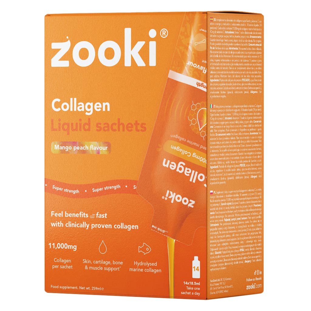 Zooki Super Strength Marine Collagen 11000mg Mango Peach Flavor Liquid Sachets 18.5ml, Pack of 14's