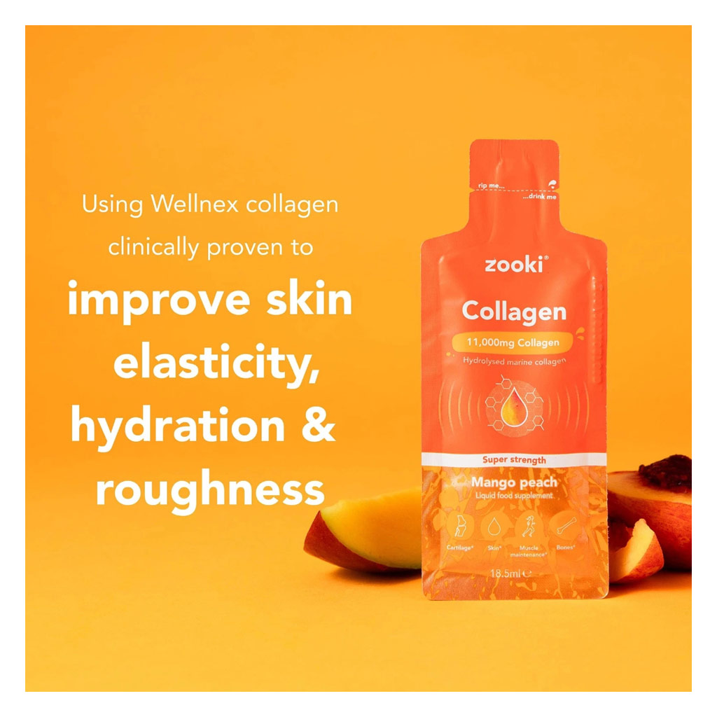 Zooki Super Strength Marine Collagen 11000mg Mango Peach Flavor Liquid Sachets 18.5ml, Pack of 14's