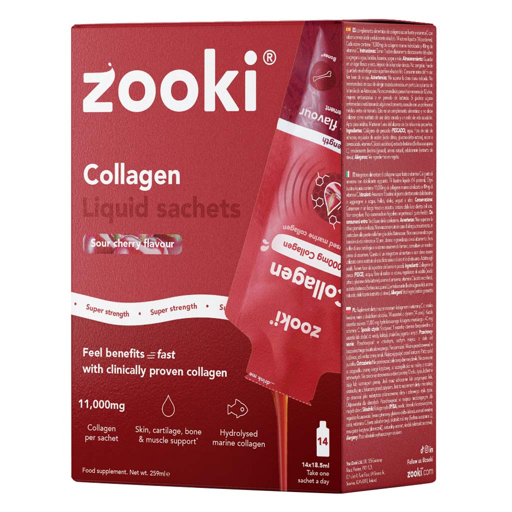 Zooki Super Strength Marine Collagen 11000mg Sour Cherry Flavor Liquid Sachets 18.5ml, Pack of 14's