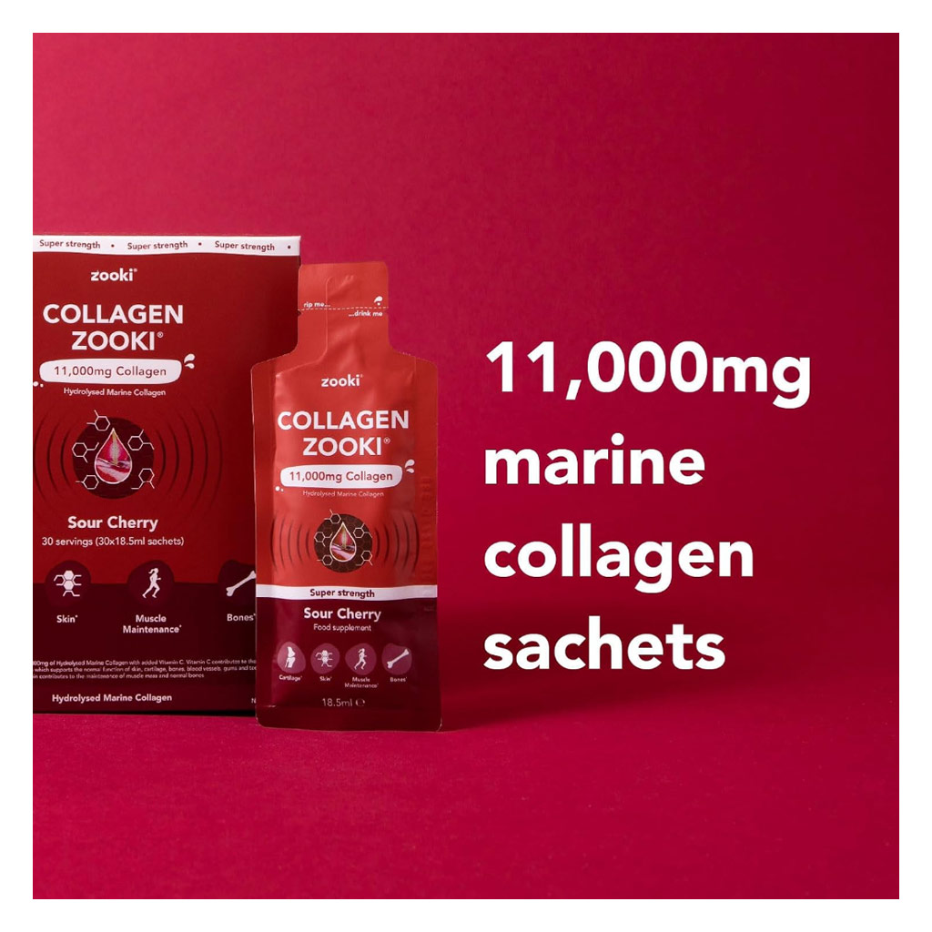 Zooki Super Strength Marine Collagen 11000mg Sour Cherry Flavor Liquid Sachets 18.5ml, Pack of 14's