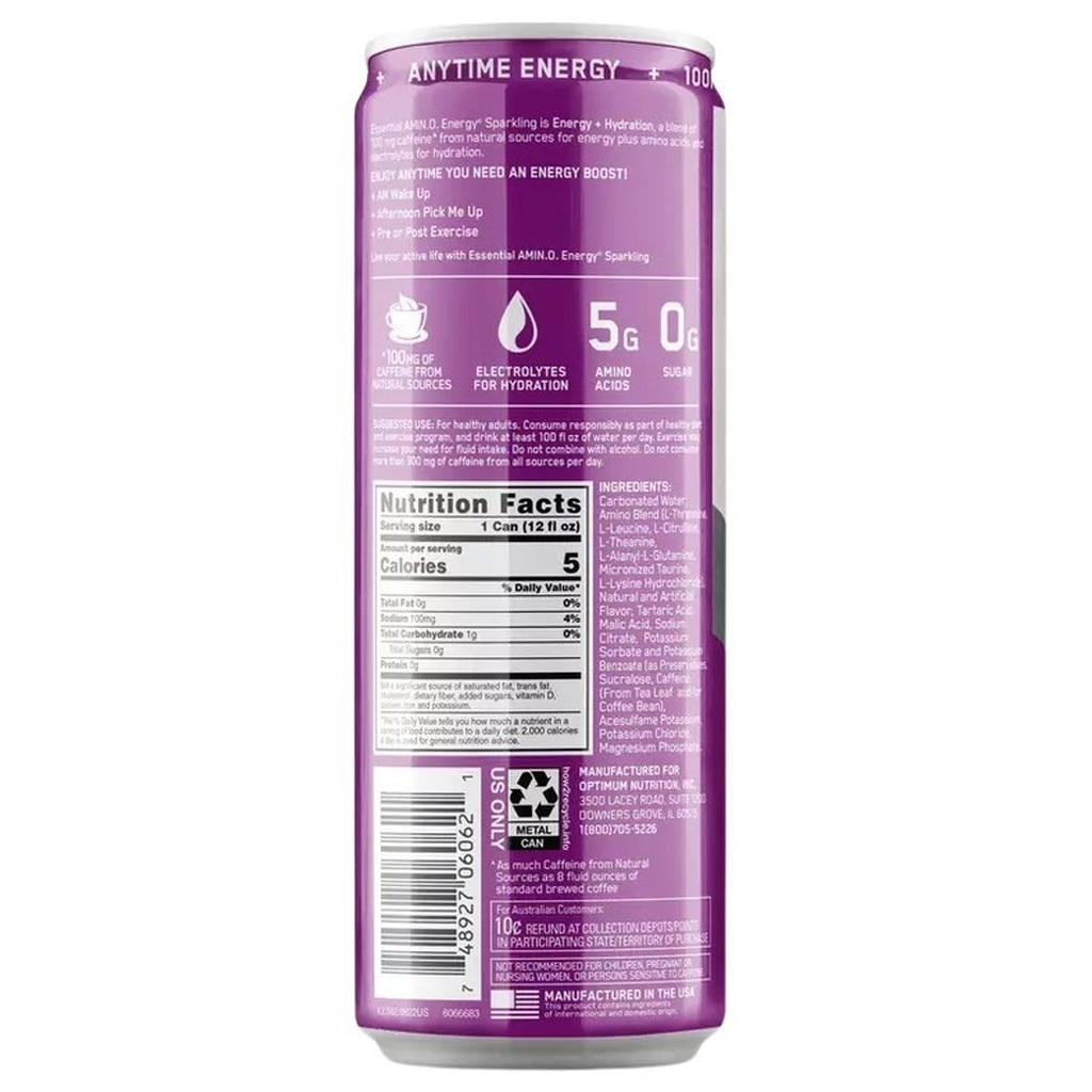 Optimum Nutrition Essential Amin.O. Energy+ Electrolytes Sparkling Drink 12oz - Grape