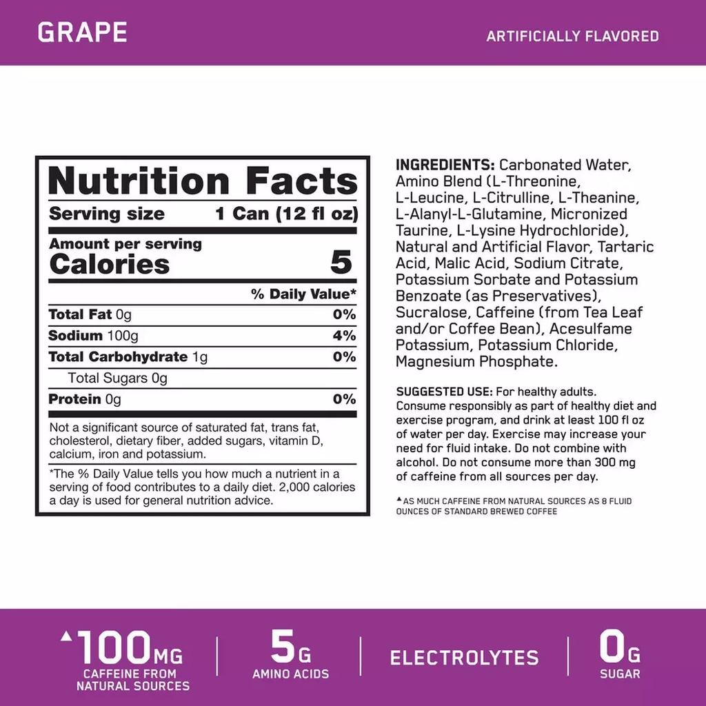 Optimum Nutrition Essential Amin.O. Energy+ Electrolytes Sparkling Drink 12oz - Grape