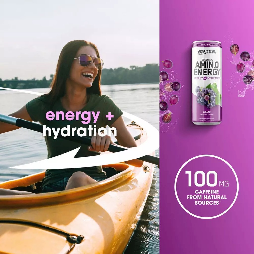 Optimum Nutrition Essential Amin.O. Energy+ Electrolytes Sparkling Drink 12oz - Grape