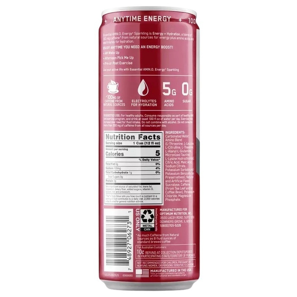 Optimum Nutrition Essential Amin.O. Energy+ Electrolytes Sparkling Drink 12oz - Juicy Cherry 