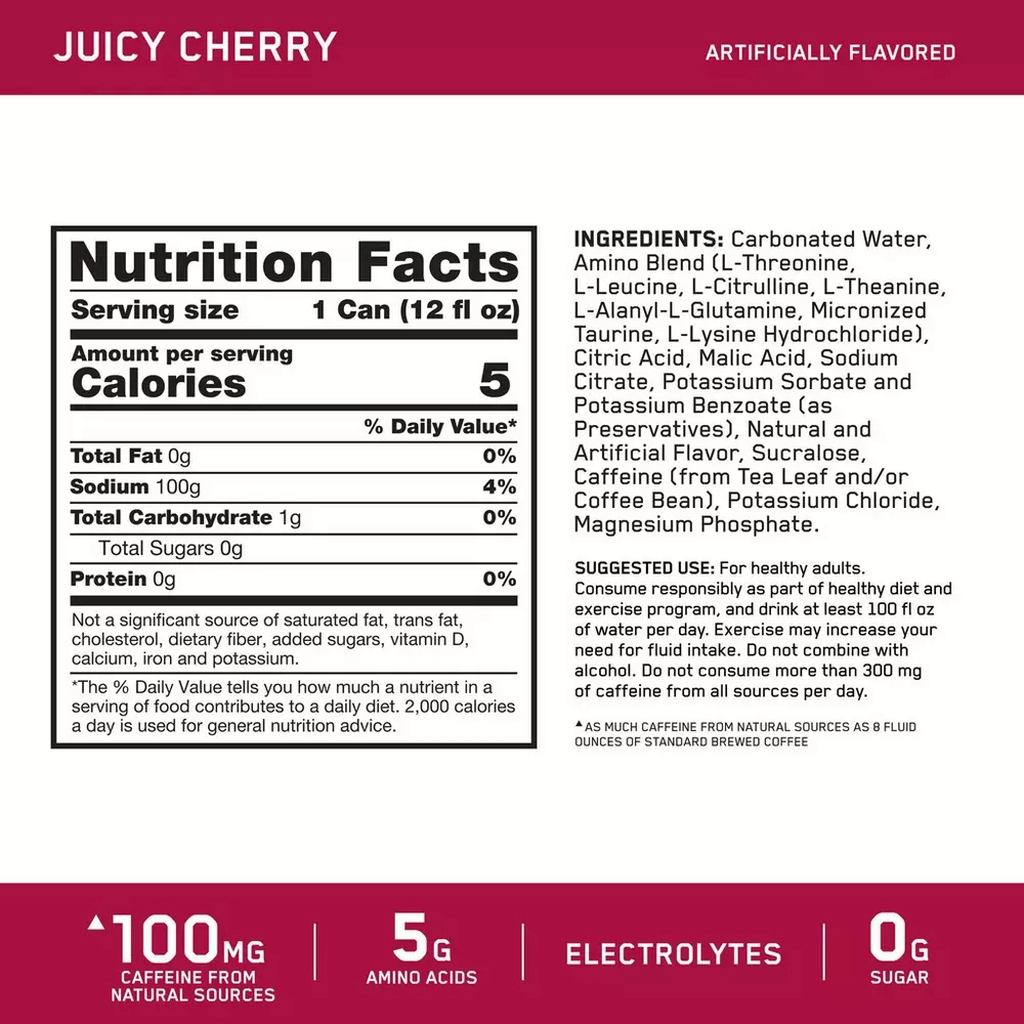 Optimum Nutrition Essential Amin.O. Energy+ Electrolytes Sparkling Drink 12oz - Juicy Cherry 