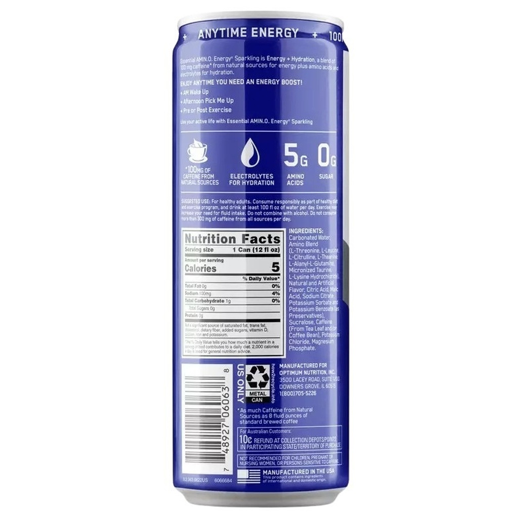 Optimum Nutrition Essential Amin.O. Energy+ Electrolytes Sparkling Drink 12oz - Blueberry Lemonade