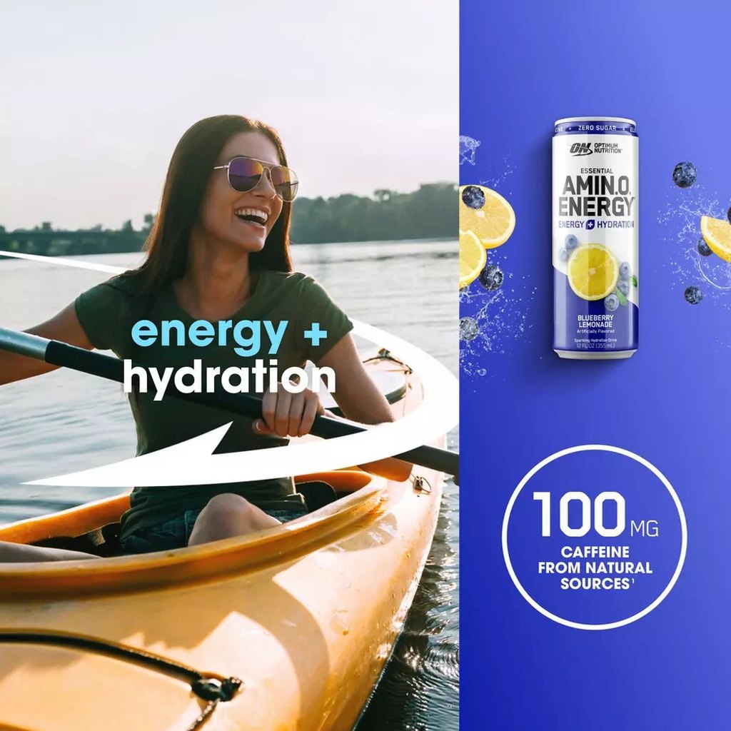 Optimum Nutrition Essential Amin.O. Energy+ Electrolytes Sparkling Drink 12oz - Blueberry Lemonade