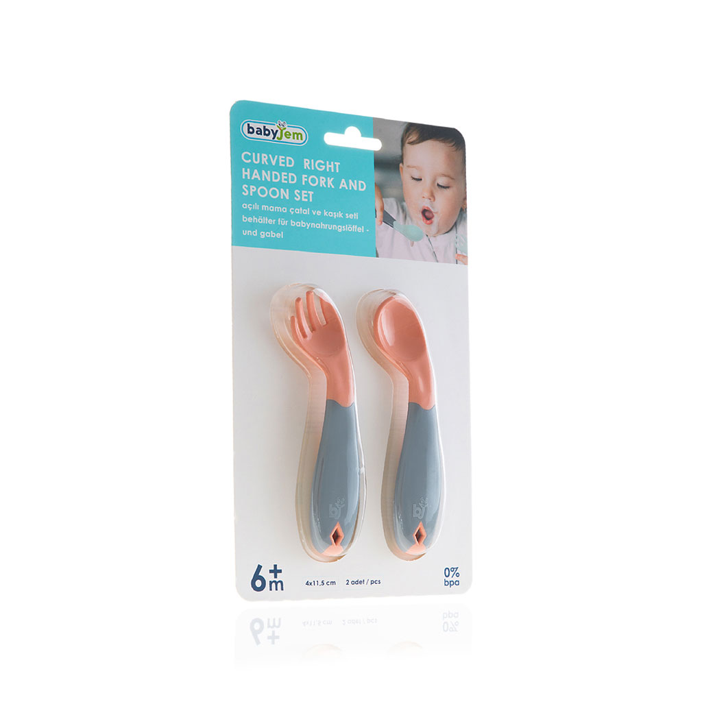 Babyjem Curved Right Handed Fork & Spoon Set For 6+ Months Baby - Rose