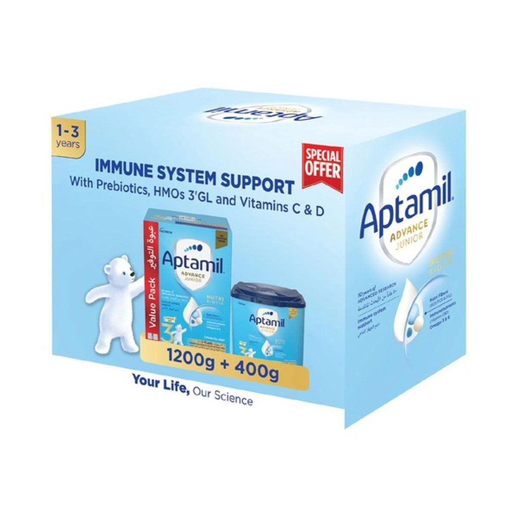 Aptamil Advance Junior Stage 3 Palm Oil Free Toddlers Milk Formula For 1 To 3 Years, Promo Pack of 1200g + 400g