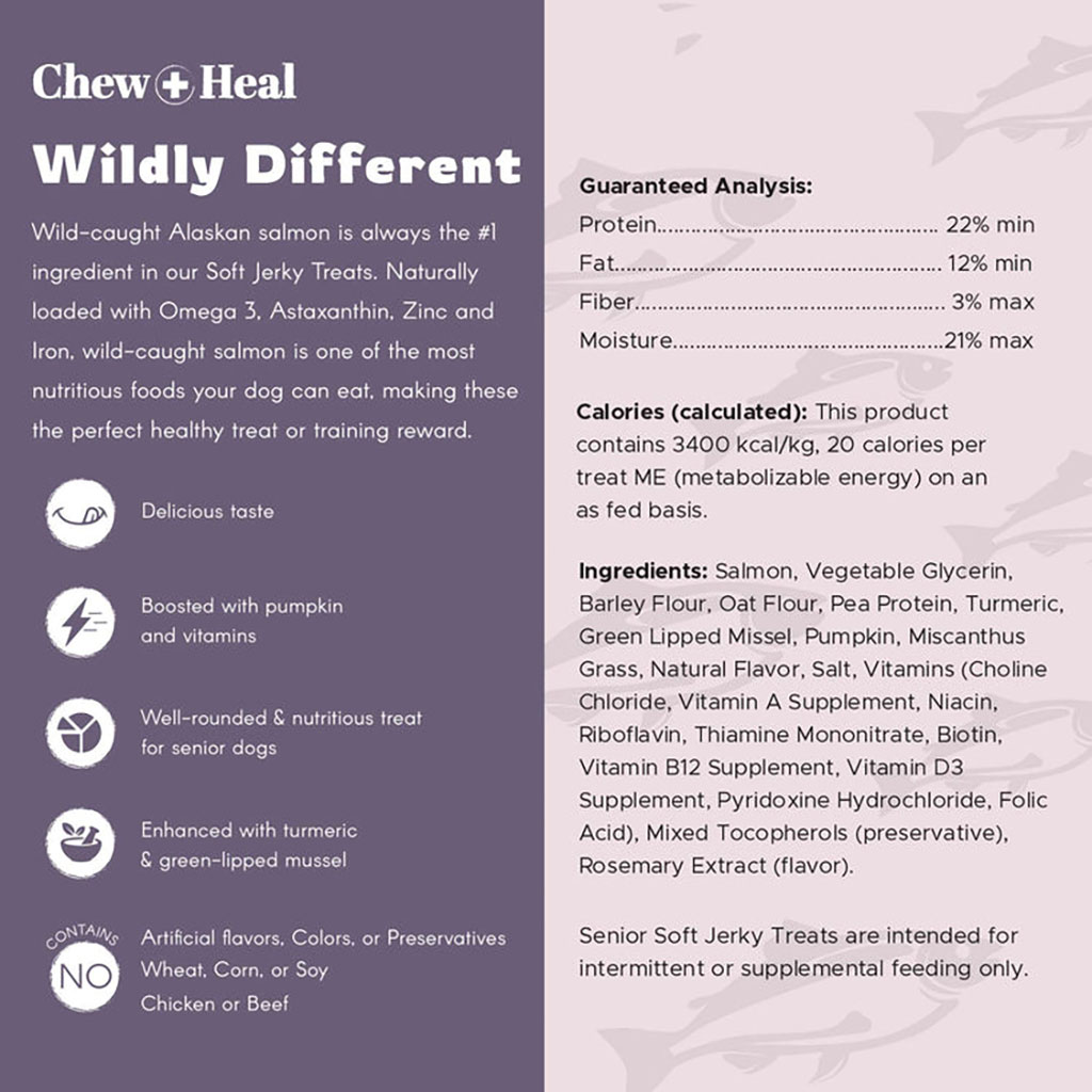 Chew + Heal Salmon Soft Jerky Treats For Senior Dogs 340g