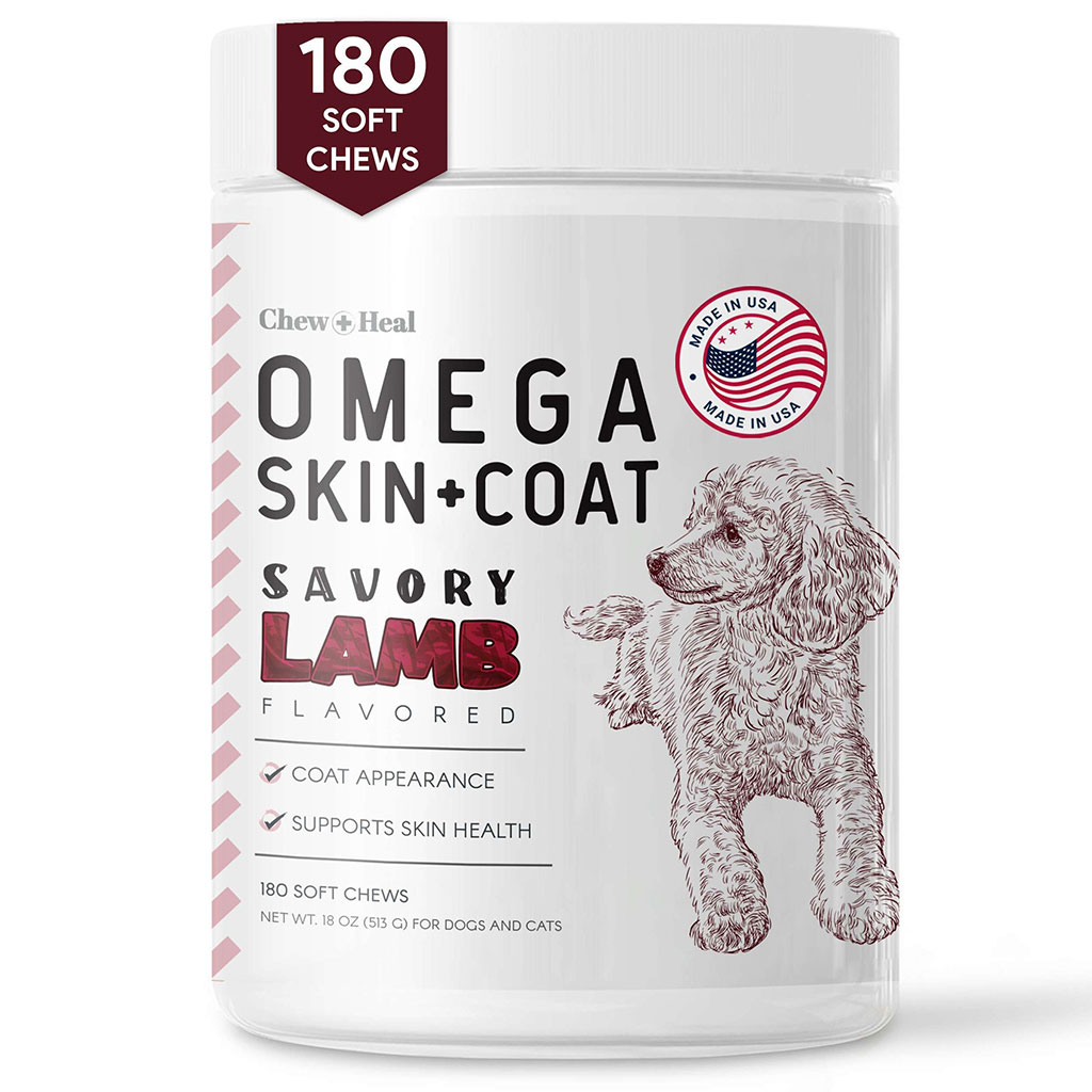 Chew + Heal Omega Skin + Coat Lamb Flavored Soft Chews For Dogs & Cats, Pack of 180's