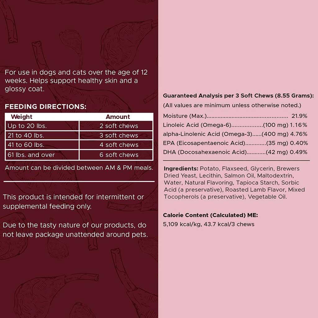 Chew + Heal Omega Skin + Coat Lamb Flavored Soft Chews For Dogs & Cats, Pack of 180's