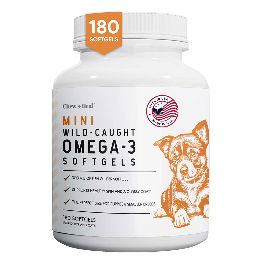 Chew + Heal Mini Wild Caught Omega-3 300mg Softgels For Puppies & Smaller Breeds, Pack of 180’s