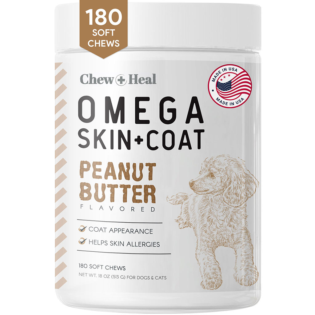Chew + Heal Omega Skin + Coat Peanut Butter Flavored Soft Chews For Dogs & Cats, Pack of 180's