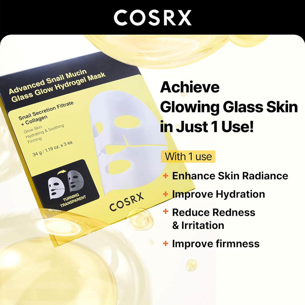 Cosrx Advanced Snail Mucin Glass Glow Hydrogel Face Sheet Mask 34g, Pack of 3's