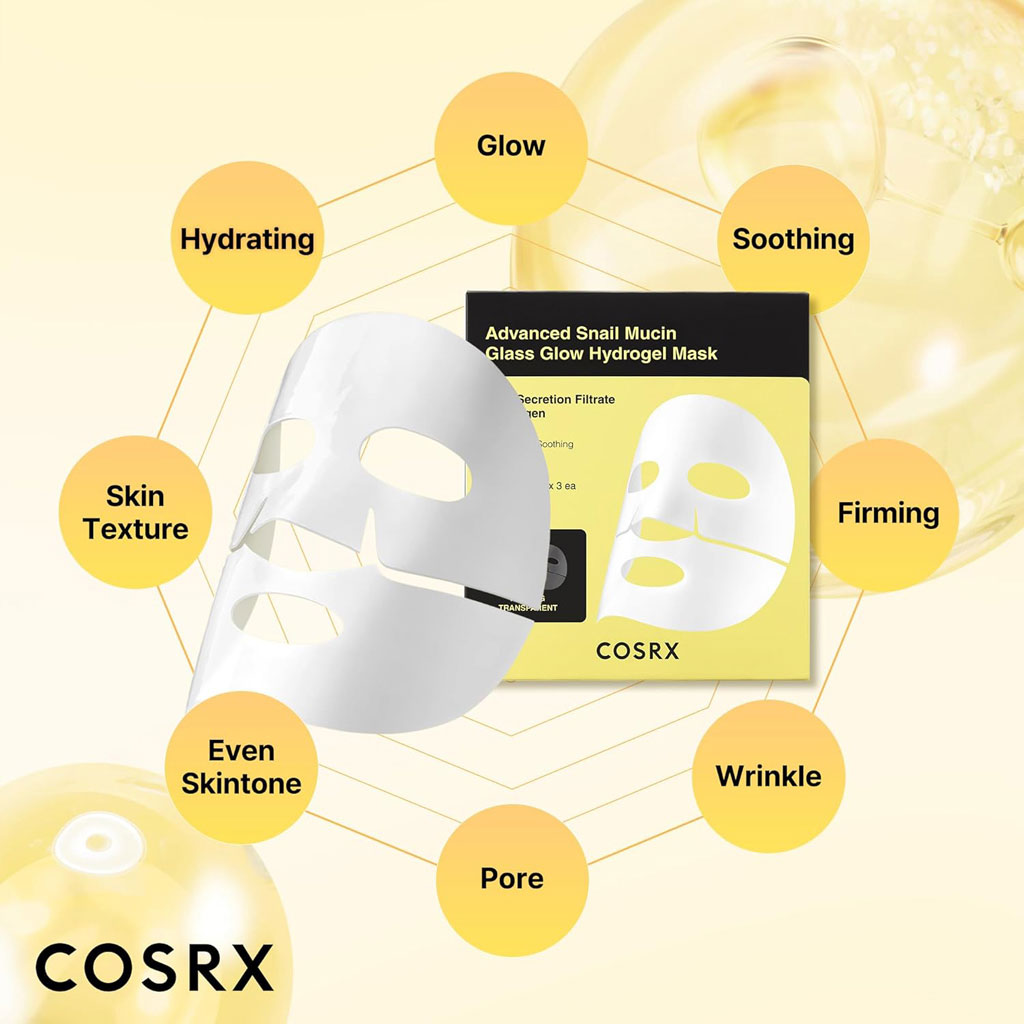 Cosrx Advanced Snail Mucin Glass Glow Hydrogel Face Sheet Mask 34g, Pack of 3's