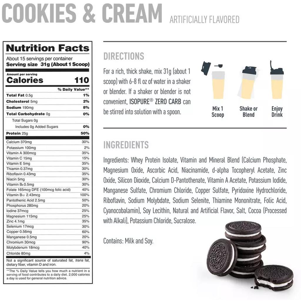 Nature's Best Isopure Zero Carb Protein Powder 1lb, Flavor - Cookies & Cream 