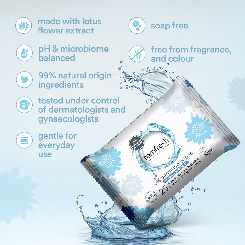 Femfresh Intimate 0% Sensitive Wipes, Pack of 25's