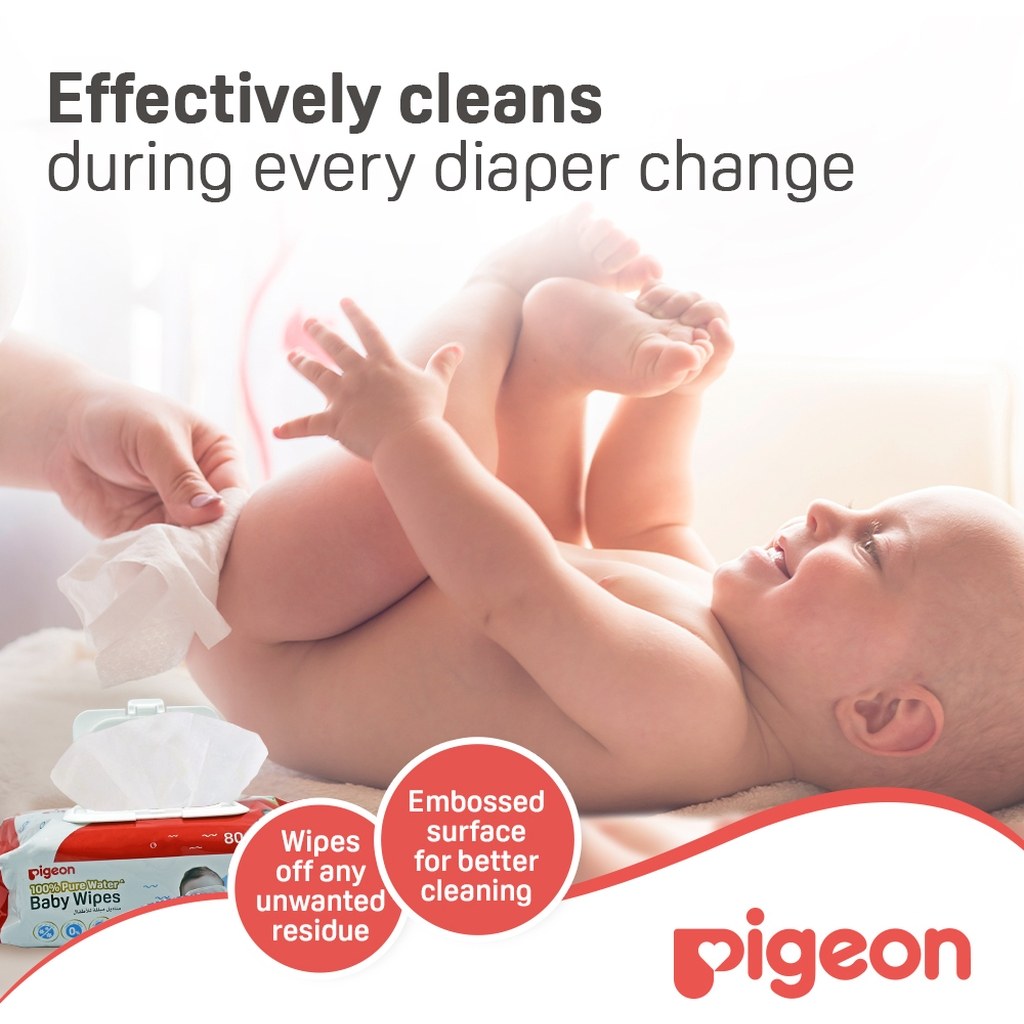 Pigeon 100% Pure Water Baby Wipes Fliptop, Pack of 80's