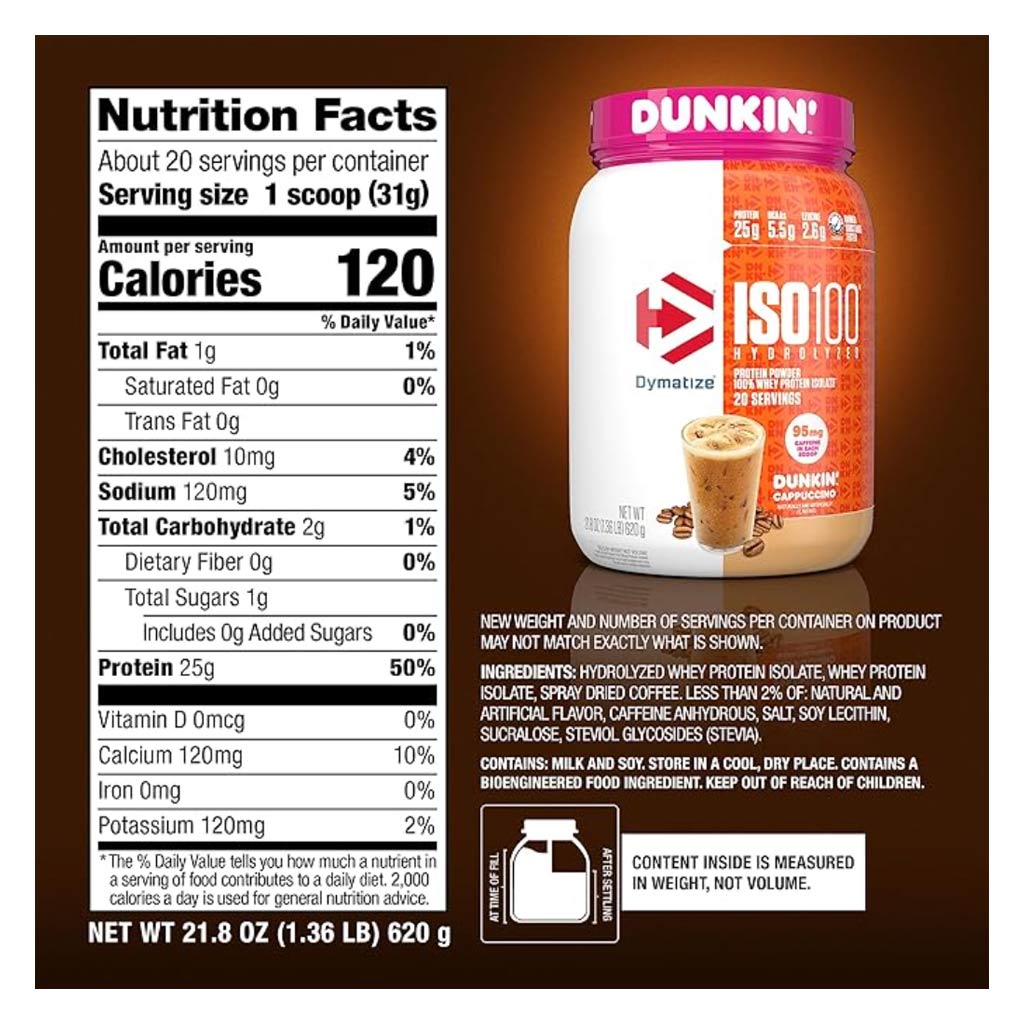 Dymatize ISO 100 Dunkin Cappuccino Whey Protein Powder 620g