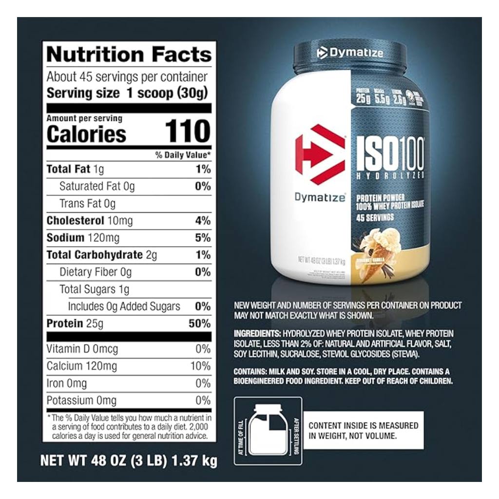 Dymatize ISO 100 Gourmet Vanilla Hydrolyzed Whey Protein Powder 3lb