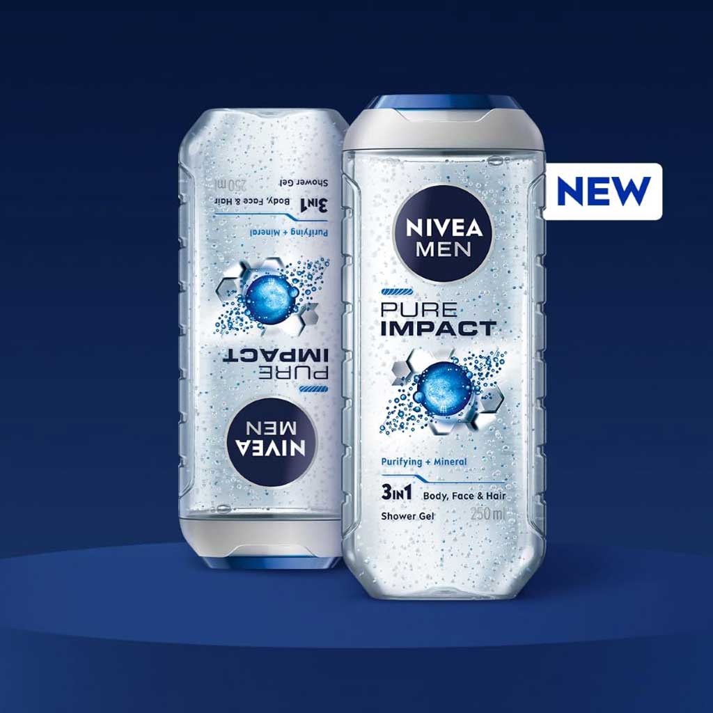 Nivea Men Pure Impact 3 in 1 Shower Gel 250ml, Pack of 2
