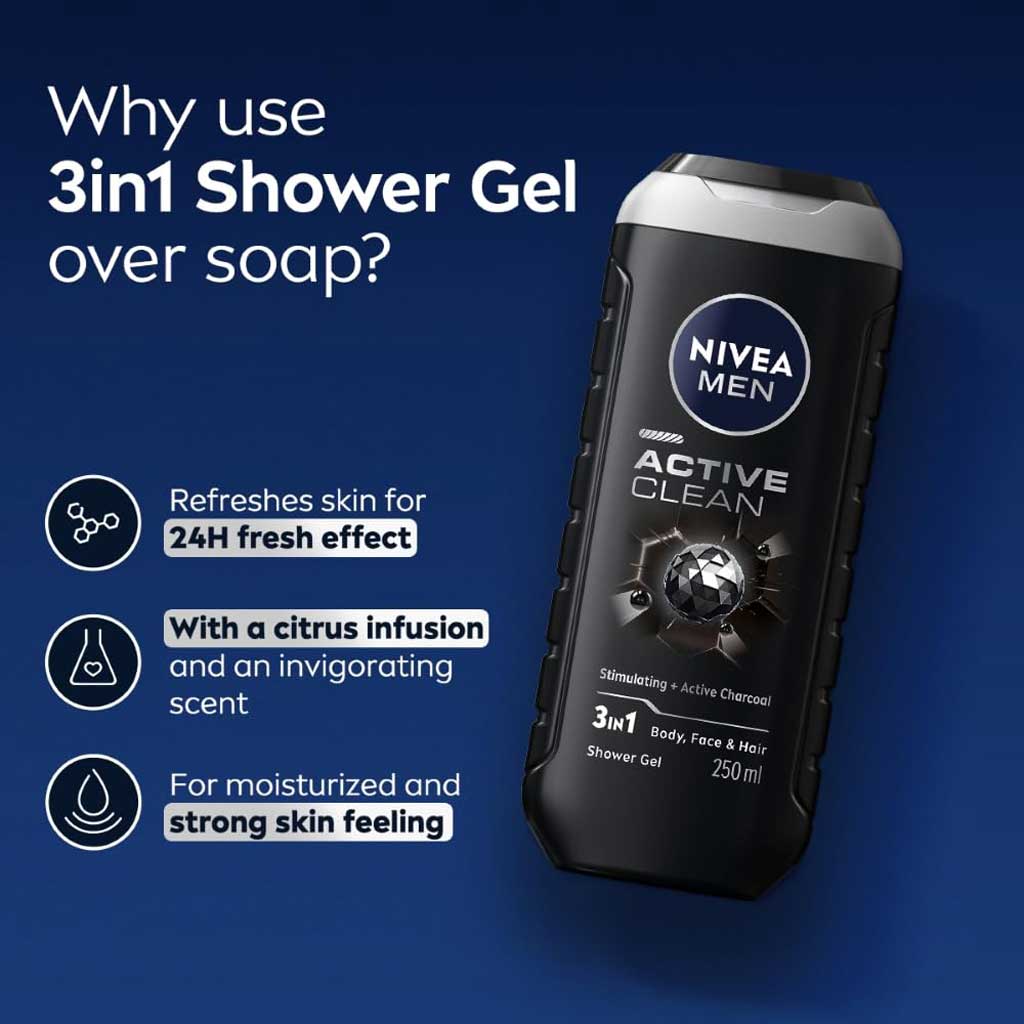 Nivea Men Active Clean 3 in 1 Shower Gel 250ml, Pack of 2