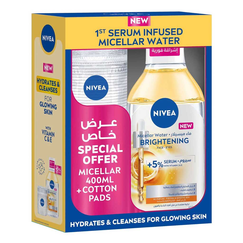 Nivea Brightening Micellar Water For Dull & Sensitve Skin 400ml with Cotton Pads - Promo Pack