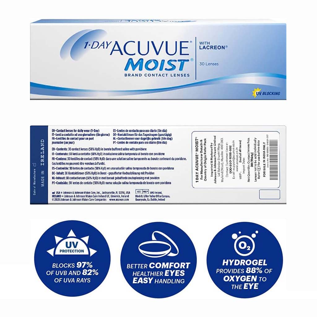 Acuvue Moist 1-Day Clear Contact Lenses, Base Curve 8.5, Pack of 30's