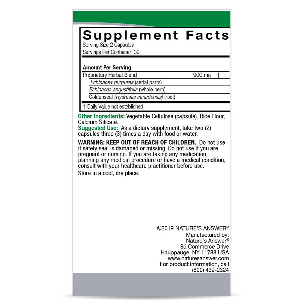 Nature's Answer Echinacea & Goldenseal 900mg Vegan Capsules For Immunity, Pack of 60's